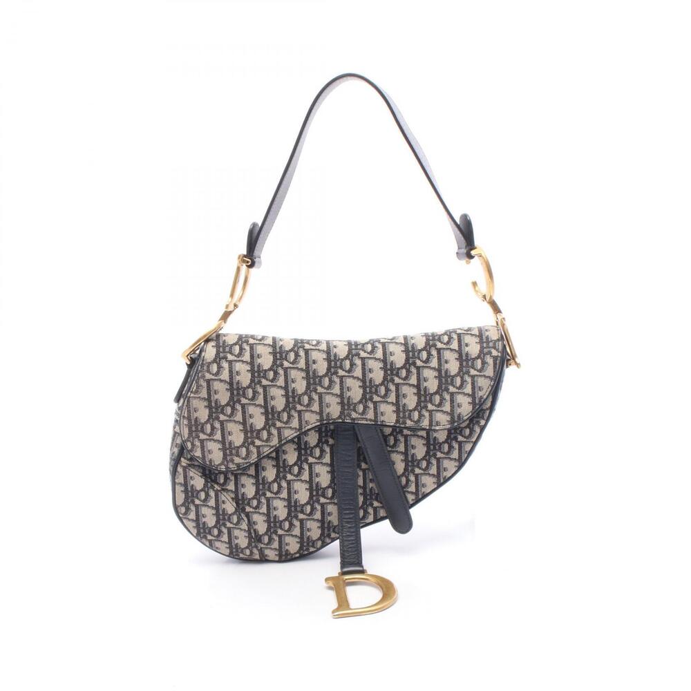 Christian Dior SADDLE Oblique Handbag Canvas Leather Navy Blue Beige